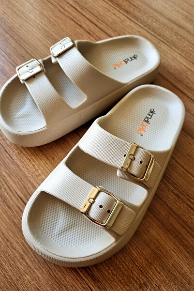 Akınal Bella Akınalbella Gold Buckle Detail Ultrasoft Double Buckle Women's Comfortable Slippers