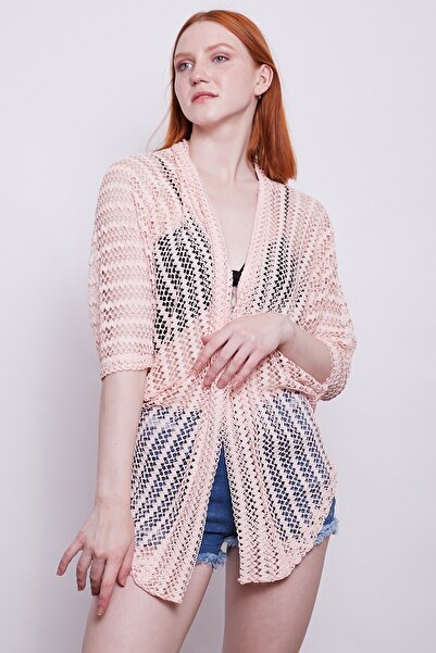 Jument Zigzag File Salaş Yarasa Kol Hırka -Pudra