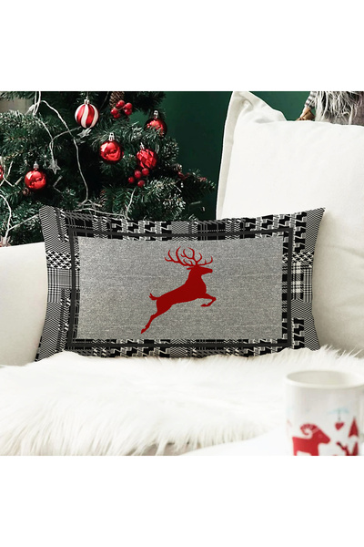 Evmila Yılbaşı Temalı Geyik Desenli Kadife Kırlent Kılıfı 35x55 cm - Dekorati...