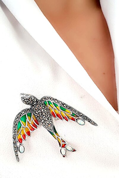 OSESHOP Opal Taşlı Kırlangıç Figürlü Özel Mineli Vitray İşçiliği 925ayar Gümüş Tasarım Yaka İğnesi Broş