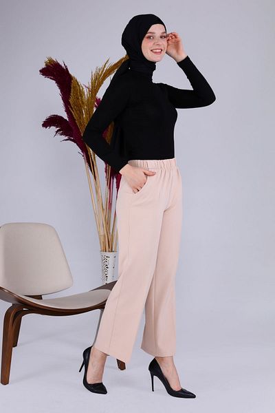 Ferace Women's Hijab Wide Paca Elastic Waist Trousers Mink
