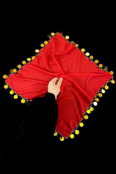 ZEYMERADE Büyük Boy Şifon Halay Mendili 50x50cm Kırmızı Gold 5 Adet Gelin Dam...