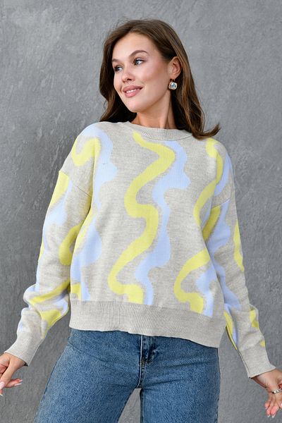 bayansepeti Colorful Geometric Patterned Round Neck Smoked Knitwear Sweater 0257