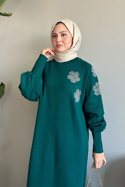 InStyle Φόρεμα με λουλούδια με μπαλόνι μανίκι βενζινοκίνητο πράσινο πλεκτό
