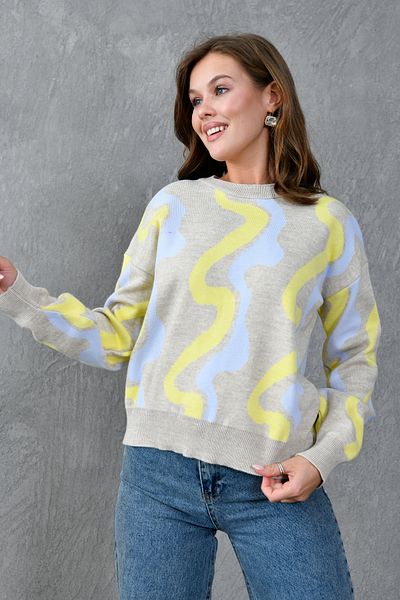 bayansepeti Colorful Geometric Patterned Round Neck Smoked Knitwear Sweater 0257