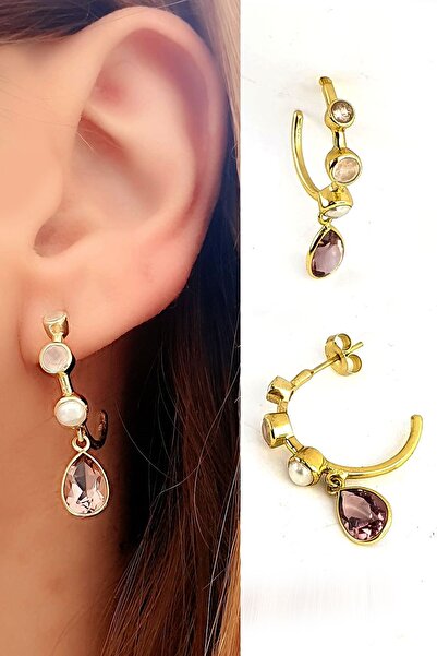 OSESHOP Ay taşı inci ve pembe kuvars ve Ametist Taşlı 925ayar Gümüş Üzerine A...