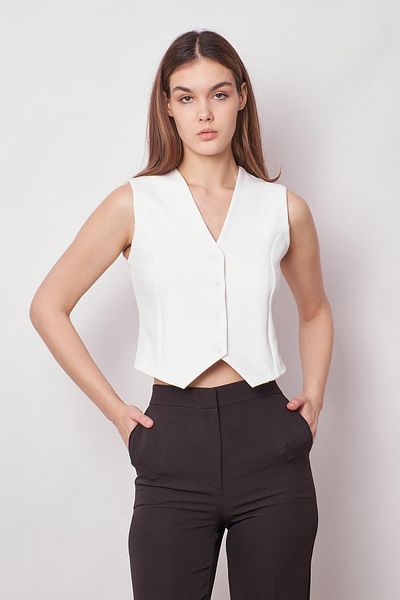 Jument Vestă scurtă din țesătură lycra ușoară cu nasturi în față pentru femei-crem