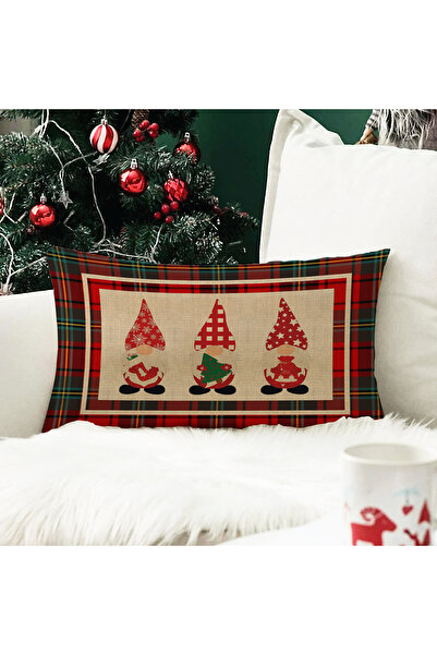 Evmila Yılbaşı Temalı Cüce Desenli Kadife Kırlent Kılıfı 35x55 cm - Dekoratif Yastık Kılıfı