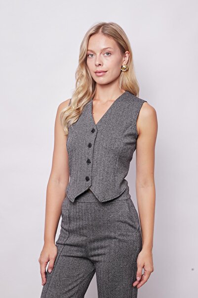 Jument Light Lycra Black Herringbone V-neck Short Vest - Soft Texture Thick Fabric