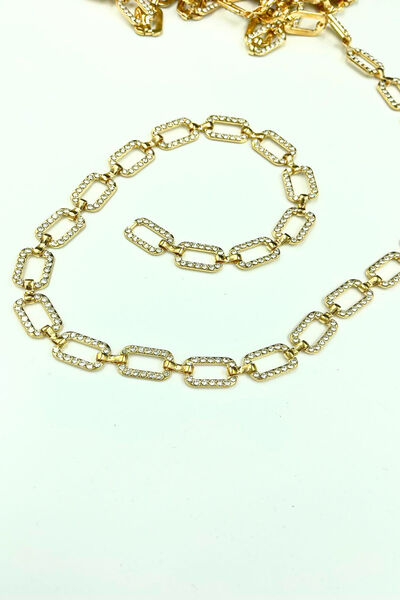 KARAASLAN Gold Renk Beyaz Kristal Taşlı Zincir