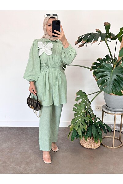 ASEL FASHİON Mint Green 100% Cotton Linen Brooch Set