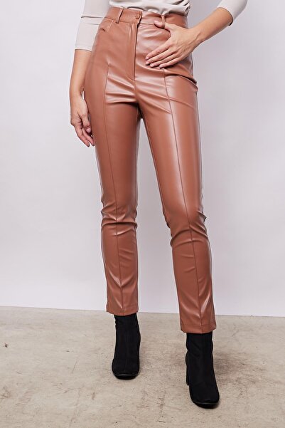 Jument Purple High Waist Lycra Leather Trousers - German Pocket, Ankle Length - Camel