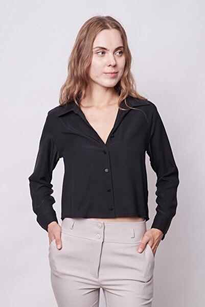 Jument Black Stylish Fabric Collar Long Sleeve Short Shirt - Lycra Free