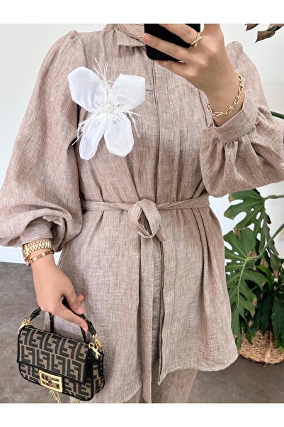 ASEL FASHİON Brown 100% Cotton Linen Brooch Set