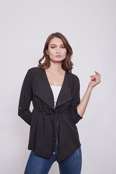 Jument Popelină de viscoză Guler șal Talie mânecă din dantelă Cardigan cu mânecă lungă epolet - negru