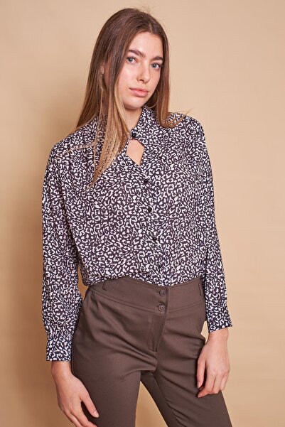 Jument Κομψό υφασμάτινο πουκάμισο με μοτίβο μπροστά με λαιμόκοψη V με πλισέ μακρυμάνικο ώμους χωρίς Lycra-Μπεζ μοτίβο