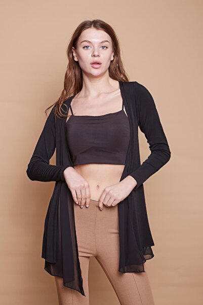 Jument Lycra Crepe Fabric Chiffon Detailed Long Sleeve Cardigan-Black