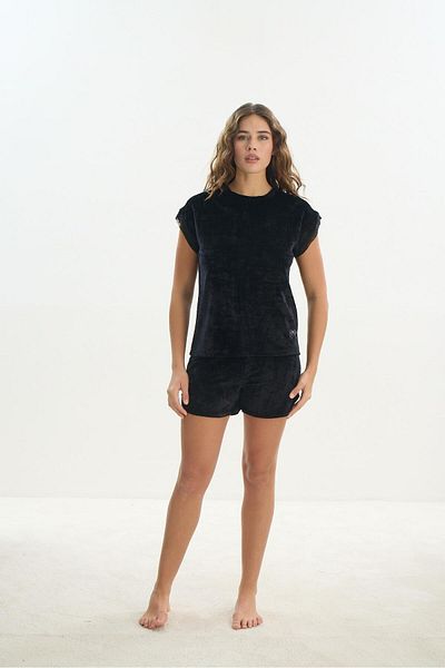 Sevim Costum de pijama de damă cu mânecă scurtă din catifea neagră cu pantaloni scurți C3T3N1O61