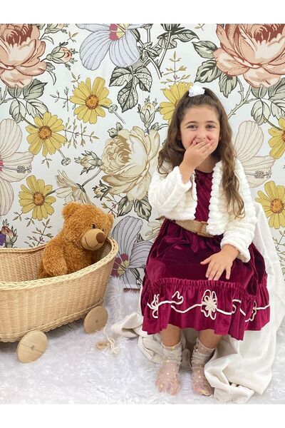Cherrys Bebek Velvet Girl Dress with Plush Bolerol