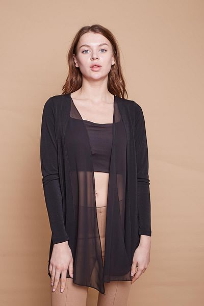 Jument Cardigan cu mânecă lungă din lycra creponat din șifon - negru