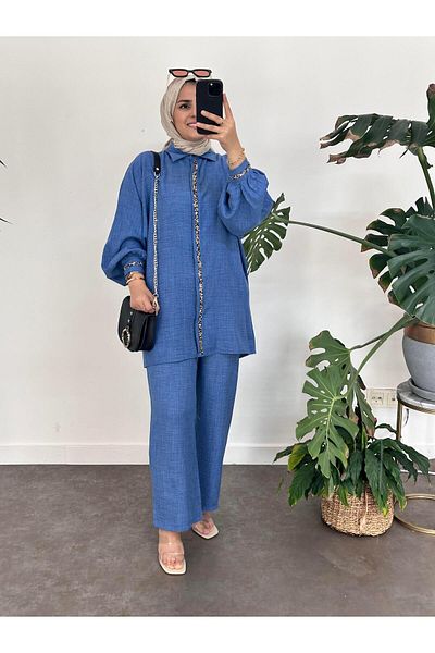 ASEL FASHİON Beaded Handle Linen Set Blue