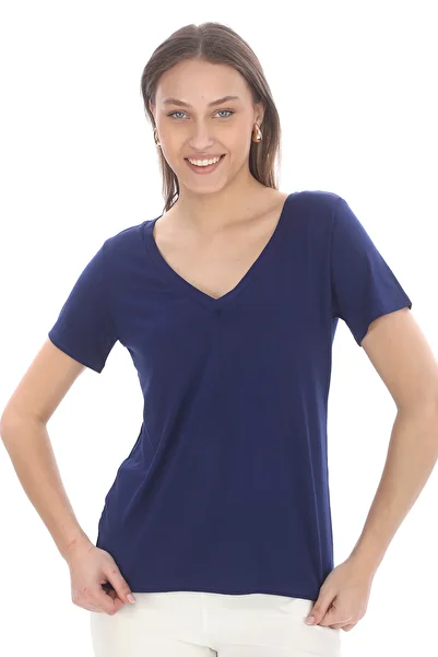 penyebizden Viscose Flowing V-Neck T-Shirt-Navy Blue