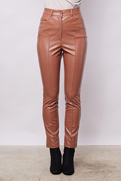 Jument Purple High Waist Lycra Leather Trousers - German Pocket, Ankle Length - Camel