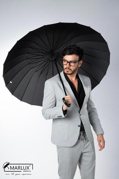 Marlux Siyah Baston 24 Fiber Tel Hakiki Deri Saplı Ultra Premium Protokol Şemsiye M21mar1024r001