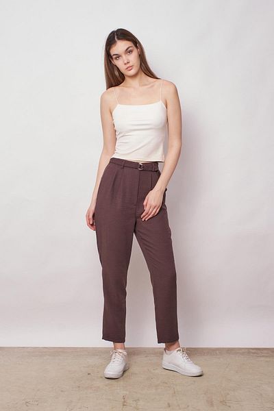 Jument High Waist Linen Trousers - Pleated and Belted, Boyfriend Cut, Brown Color
