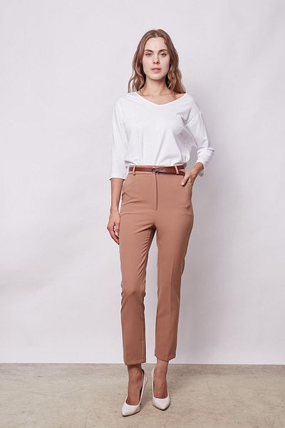 Jument High Waist Lycra Women's Trousers - Side Pocket and Belt, Light Camel