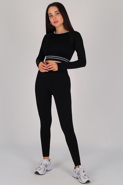 FACETTE Black Long Sleeve Blouse and Leggings Set - Gathering Women's Model