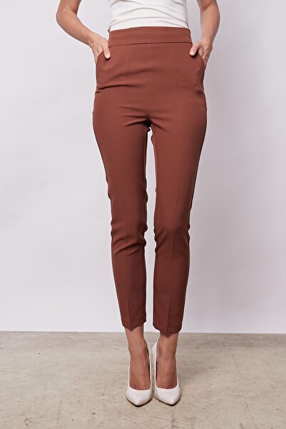 Jument Kadın Yüksek Bel Yan Cepli Dar Paça Hafif Likralı Kumaş Pantolon-Taba