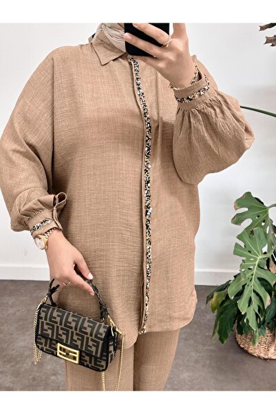 ASEL FASHİON Beaded Linen Set Brown