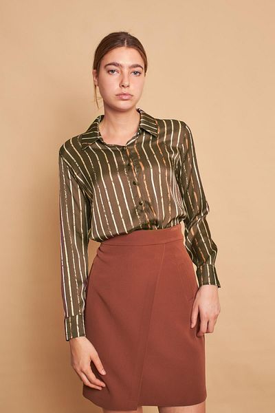 Jument Cămașă din țesătură elegantă, cu guler cu model, cu mânecă lungă, fără lycra, dungi kaki