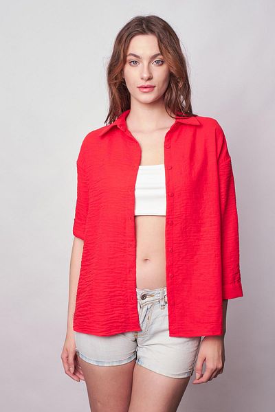 Jument Women's Linen Off-Shoulder Collar Capri Sleeve Epaulet Shirt - Dark Coral