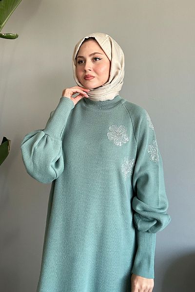 InStyle Πλεκτό φόρεμα με λουλούδι με μπαλόνι με μανίκια μέντας