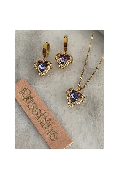 rosshine Gold Taşlı Mor Kalpli Set Çelik (Kolye+Küpe)