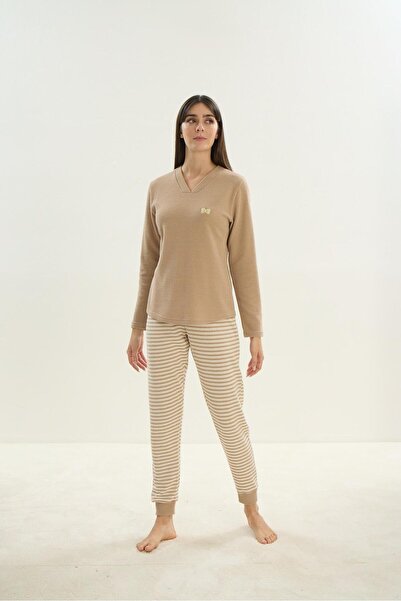Sevim Costum de pijama de damă, cu decolteu în V, cu mânecă lungă, bej C0T8N0O61