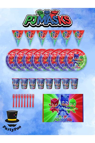 PartyPoo Σετ πάρτι γενεθλίων με θέμα Pijamaskeliler Σετ πάρτι γενεθλίων για 16 άτομα