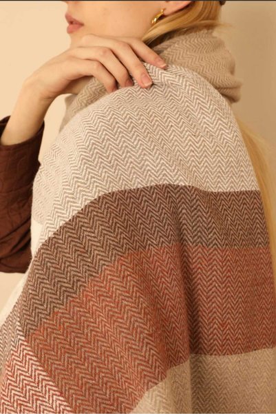 Yağmur Shawl Scarf Thick Soft Lumberjack Fabric Herringbone Patterned Milky Brown Tones Valentine's Day