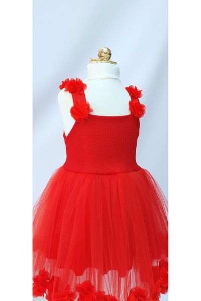 LULLY KİDS Girl's Red Flower Detailed October 29Th Performance Dress / Girl's Birthday Evening Dress