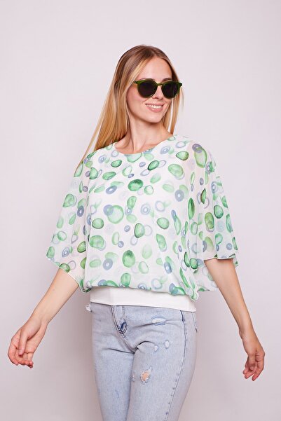 Jument Μπλούζα με λεπτομέρεια από σιφόν με λαιμόκοψη και μανίκια με λαβή - Πράσινο σχέδιο