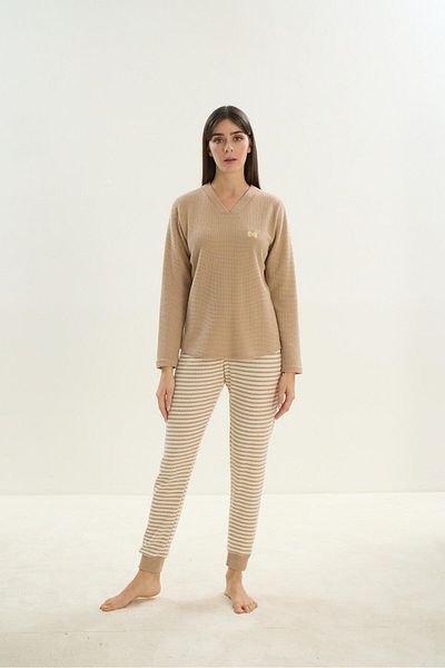 Sevim Costum de pijama de damă, cu decolteu în V, cu mânecă lungă, bej C0T8N0O61