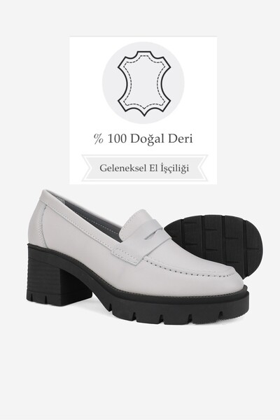 TUNAELLİ ЖІНОЧІ СІРІ ТУФЛІ-МОКАСИНИ З НАТУРАЛЬНОЇ ШКІРИ 3641 НА ТОВСТОМУ КАБЛУЦІ