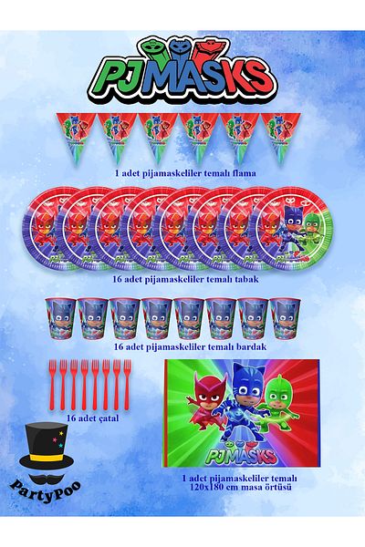 PartyPoo Σετ πάρτι γενεθλίων με θέμα Pijamaskeliler Σετ πάρτι γενεθλίων για 16 άτομα