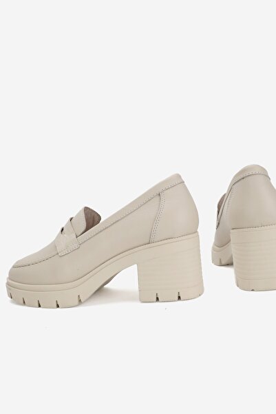 TUNAELLİ Women's Beige Genuine Leather Thick Heeled Loafer Shoes, Number 36-41