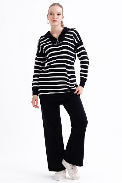 MD trend Women's Zippered Collar Striped Oversize Sweater and Trousers Double Knitwear Set