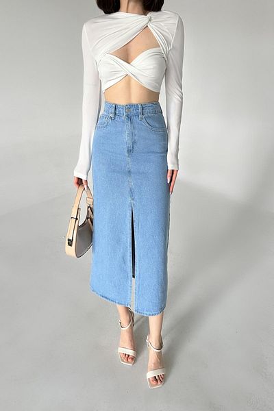 XRAY JEANS Fusta de denim lungă albastru gheață din bumbac pentru femei