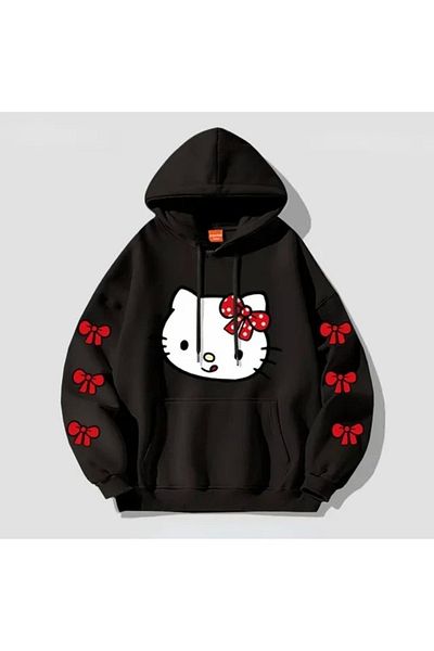 Machetta Hanorac oversize unisex cu mâneci Hello Kity cu imprimeu cu panglică
