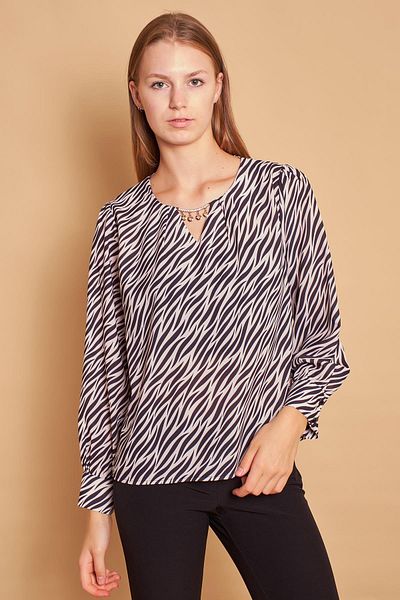Jument Cu model, decolteu larg, pliat, accesorizat, mânecă lungă, fără lycra, țesătură de cămașă elegantă, cu croiala relaxată, bluză-zebră